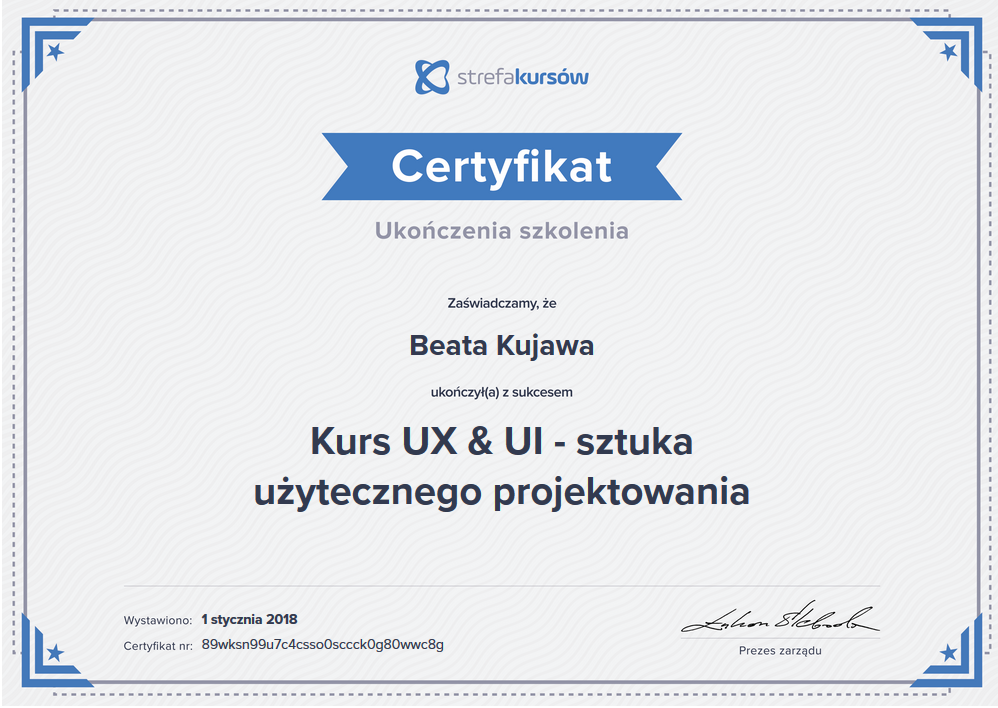 Dyplom ukończenia szkolenia UX i UI użyteczne projektowanie stron